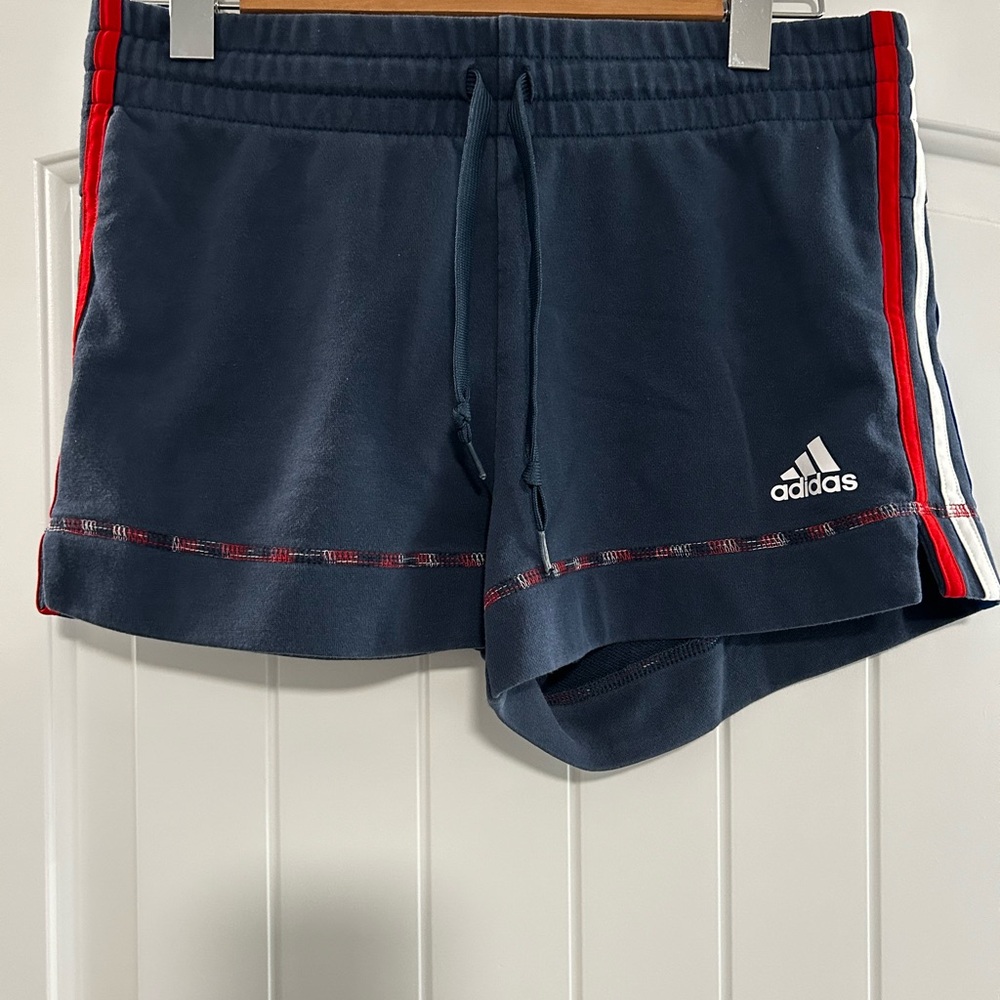 Adidas Navy Athletic Shorts with Red and White Stripes